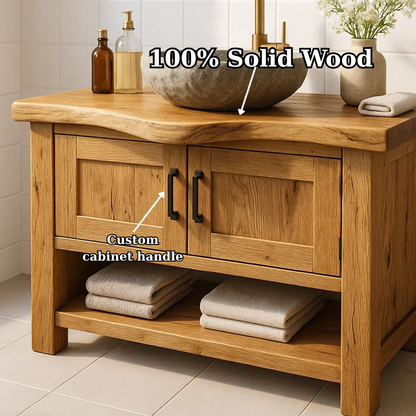 Handcrafted Solid Wood Bathroom Vanity - Rustic Live Edge Cabinet & Open Shelf Kitchnce