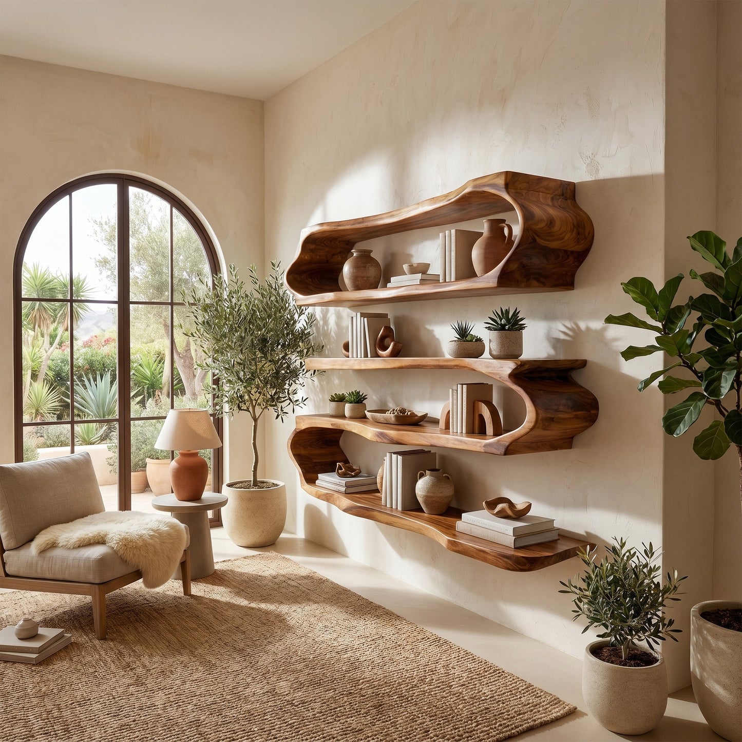 Flowing Wood Wall-Mounted Shelf With Open Display