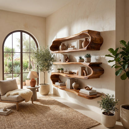 Flowing Wood Wall-Mounted Shelf With Open Display