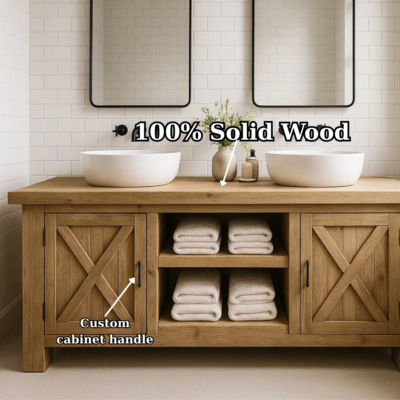 Handcrafted Solid Wood Bathroom Vanity - Farmhouse Double Sink Cabinet - Rustic Oak Storage Furniture Kitchnce
