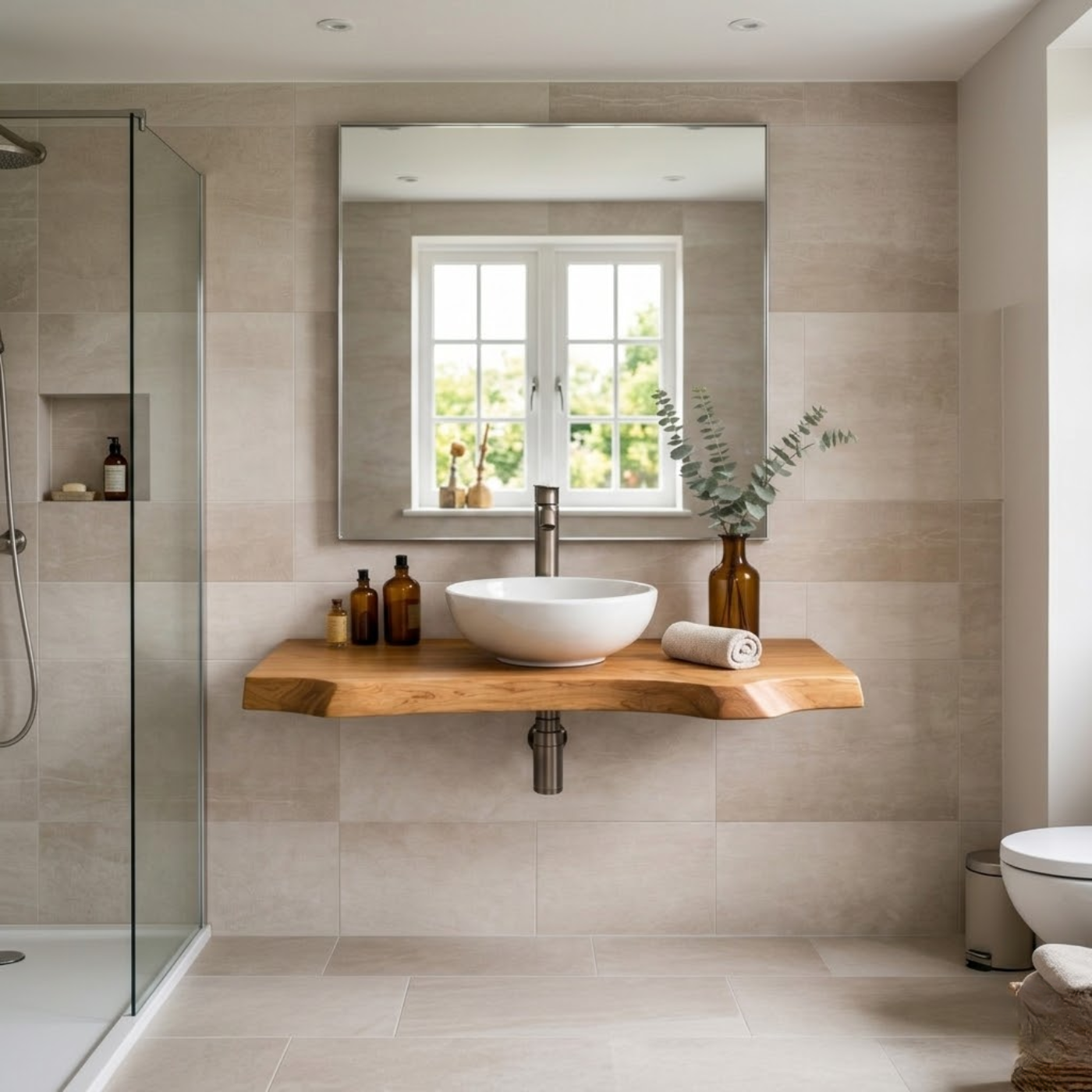 Floating Live Edge Solid Wood Bathroom Vanity – Wall Mounted Natural Wood Slab Vanity Kitchnce