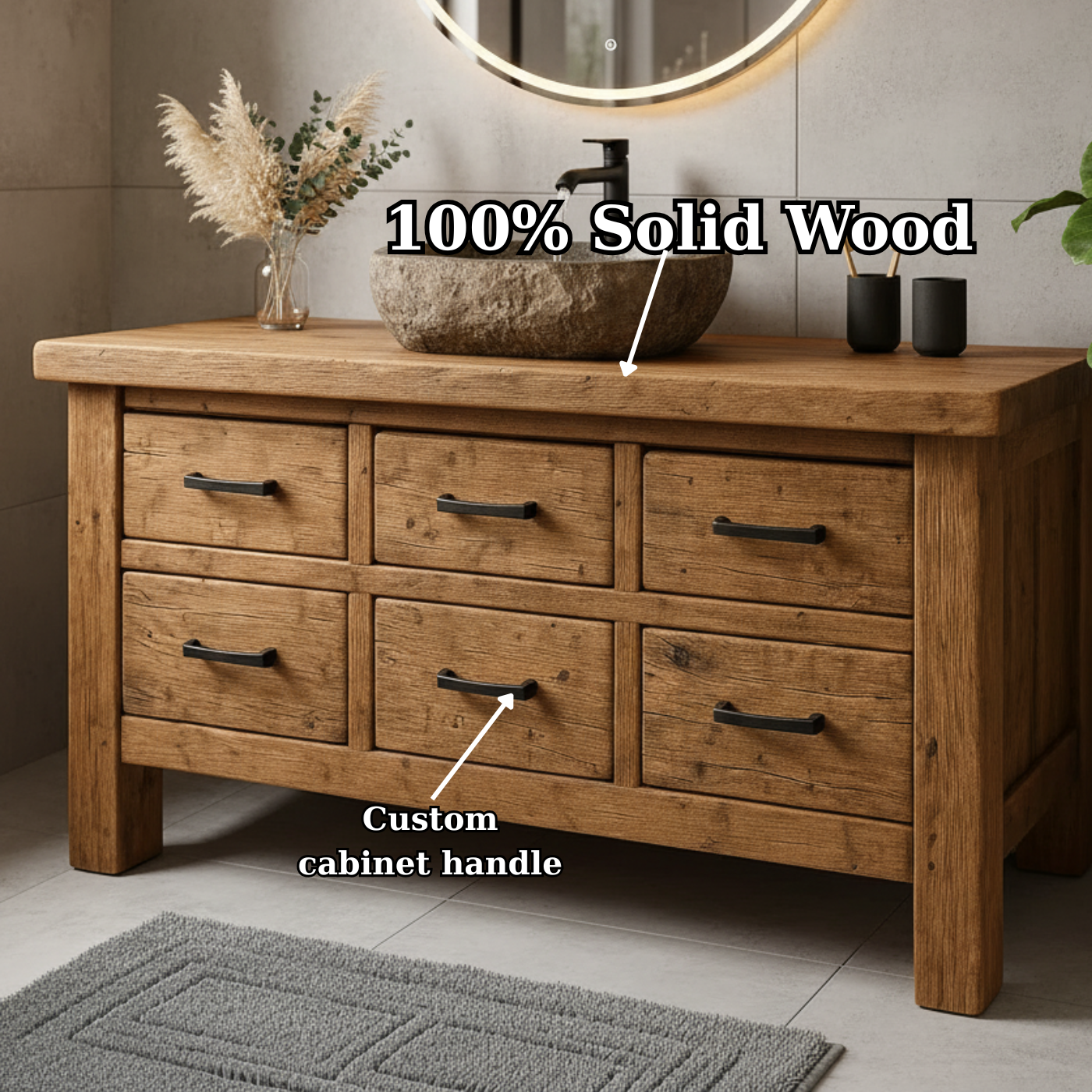 Handcrafted Soild Wood Bathroom Vanity - Farmhouse Storage Cabinet with 6 Drawers Kitchnce