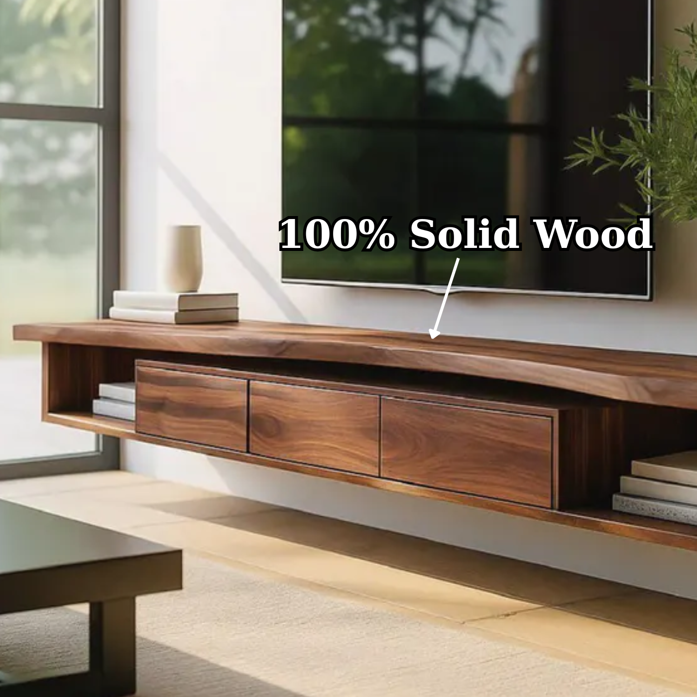 Handcrafted Solid Wood Floating TV Stand, Modern Live Edge Media Cabinet with Drawers Kitchnce