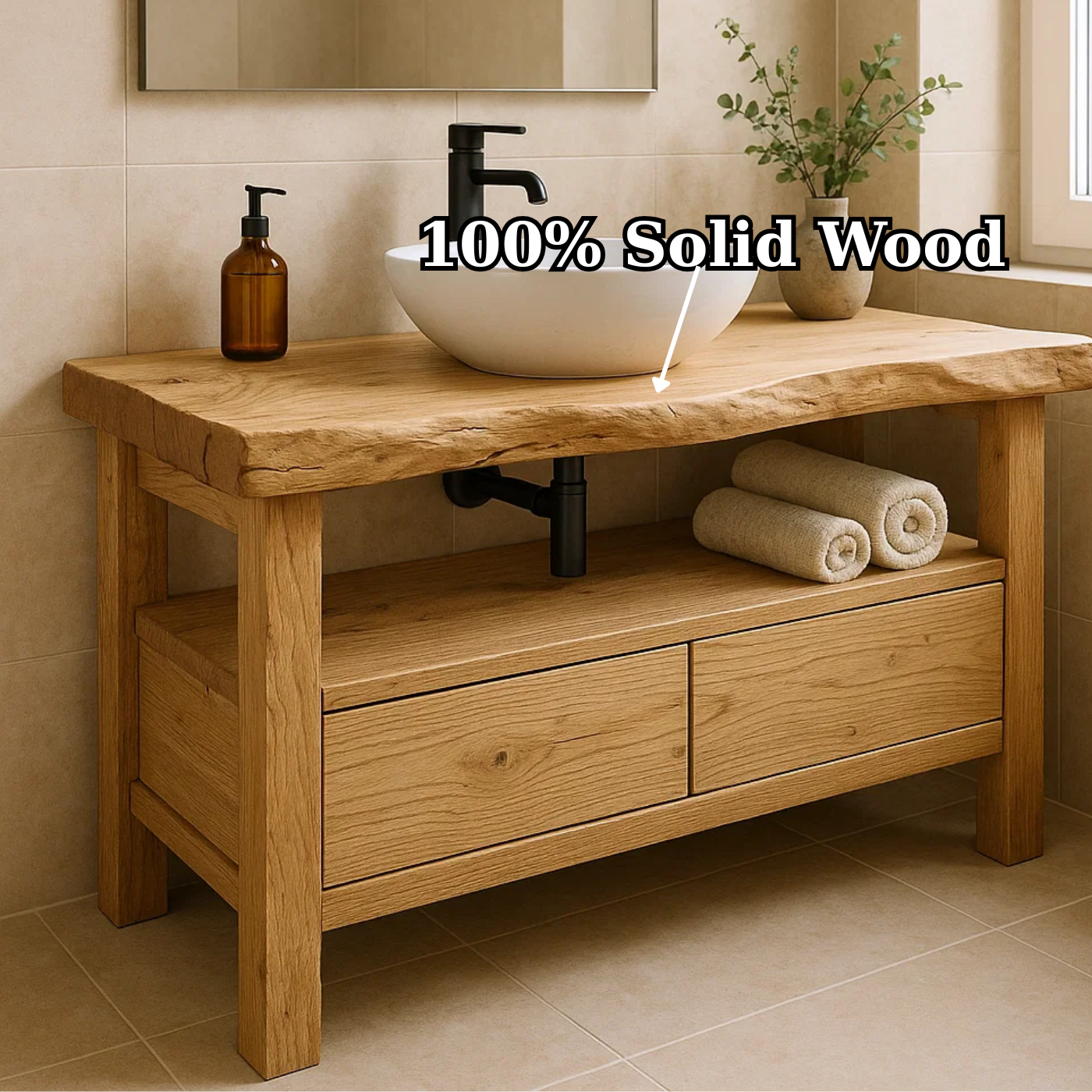 Handcrafted Solid Wood Bathroom Vanity - Live Edge Rustic Stand with Drawers & Shelf Kitchnce