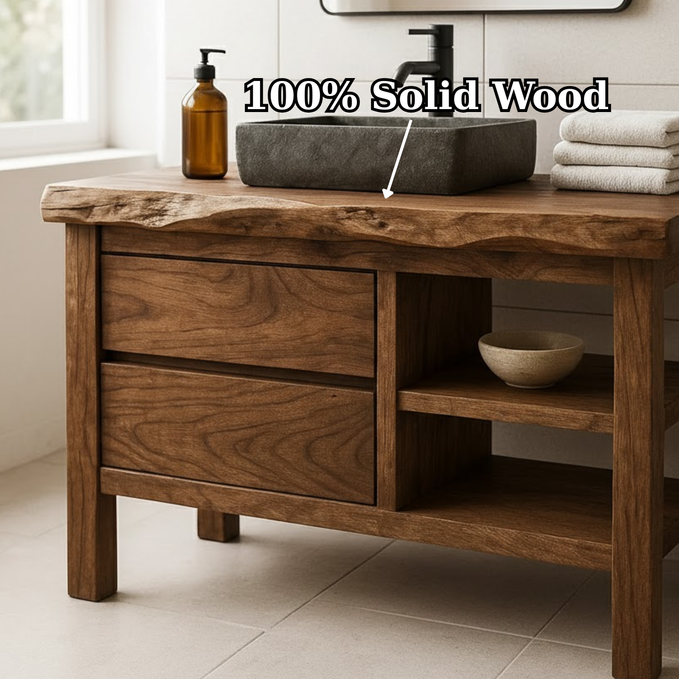 Handcrafted Solid Wood Bathroom Vanity with Live Edge Top and Open Shelf Kitchnce