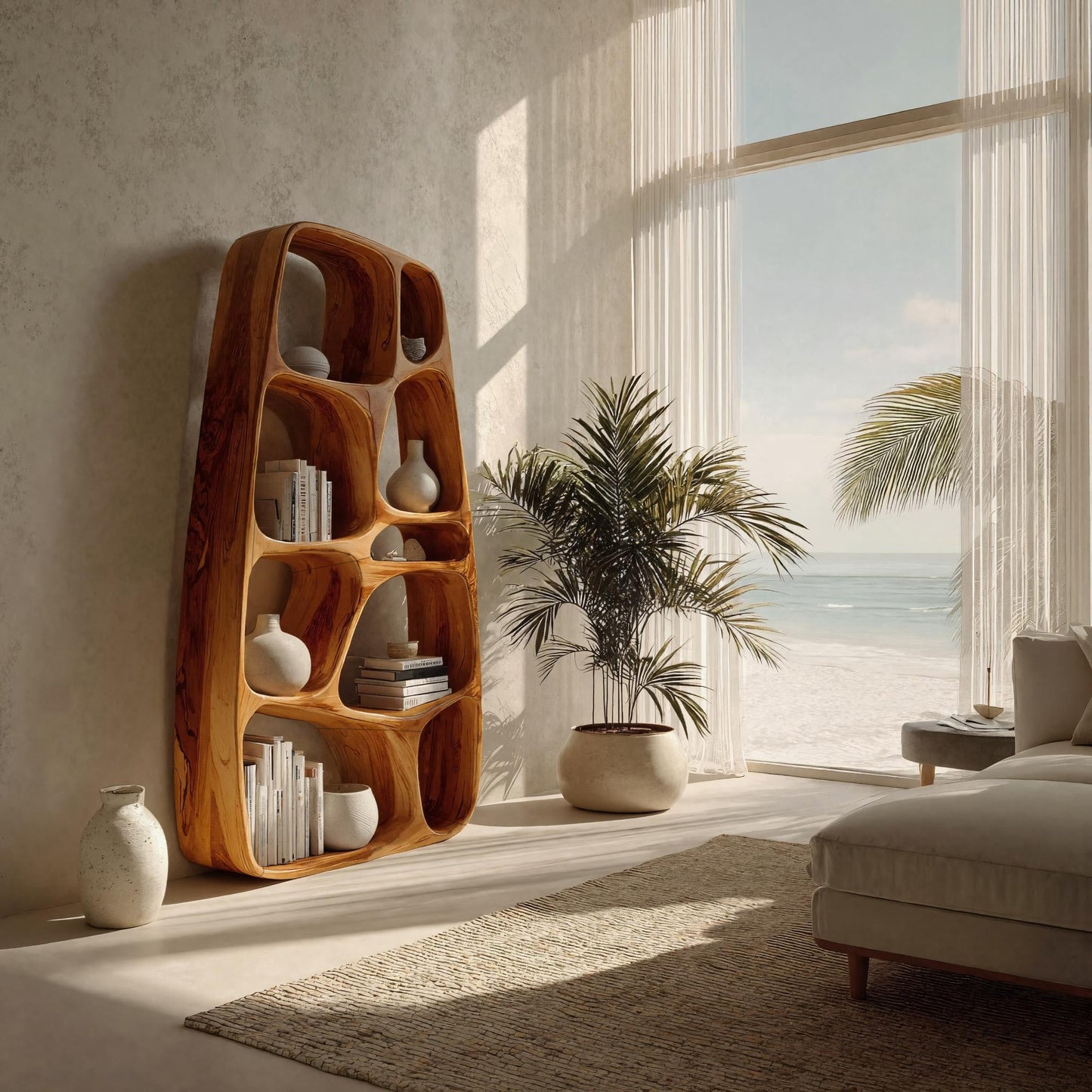 Handcrafted Wooden Sculptural Bookshelf For Living Room Kitchnce