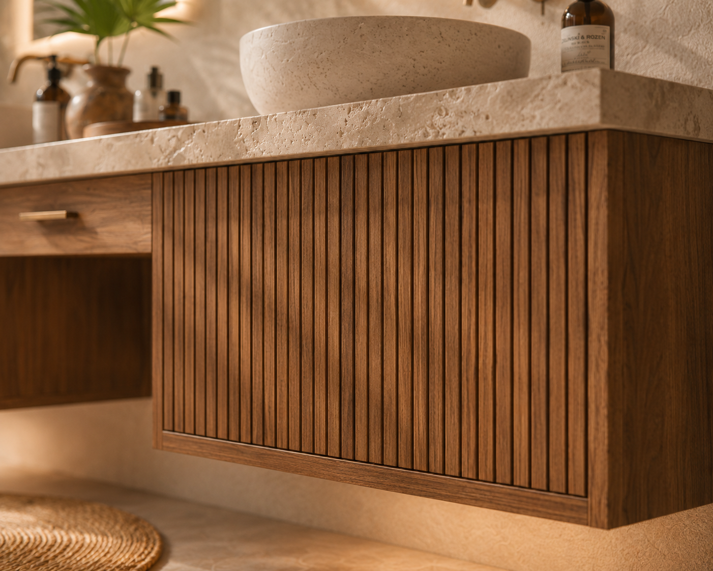 Double Sink Floating Vanity with Makeup Station, Fluted Wood Bathroom Cabinet