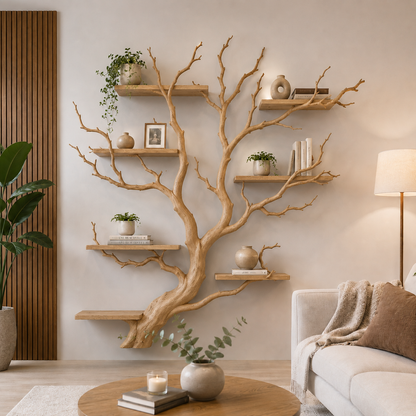 Tree Bookshelf Wall Shelf, Rustic Branch Bookcase, Natural Wood Decor