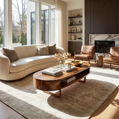 Solid Wood Oval Coffee Table with Shelf  Modern Natural Wood Living Room Table
