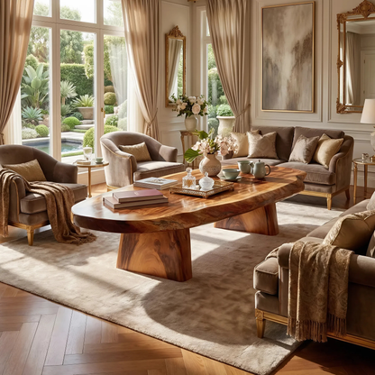 Luxury Solid Wood Coffee Table  Large Oval Natural Wood Living Room Table