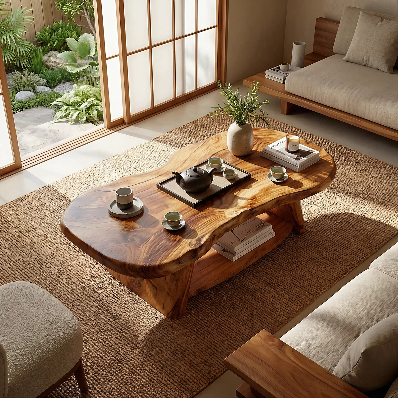 Live Edge Solid Wood Coffee Table Organic Shape Natural Wood Tea Table with Shelf