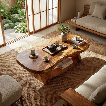 Live Edge Solid Wood Coffee Table Organic Shape Natural Wood Tea Table with Shelf