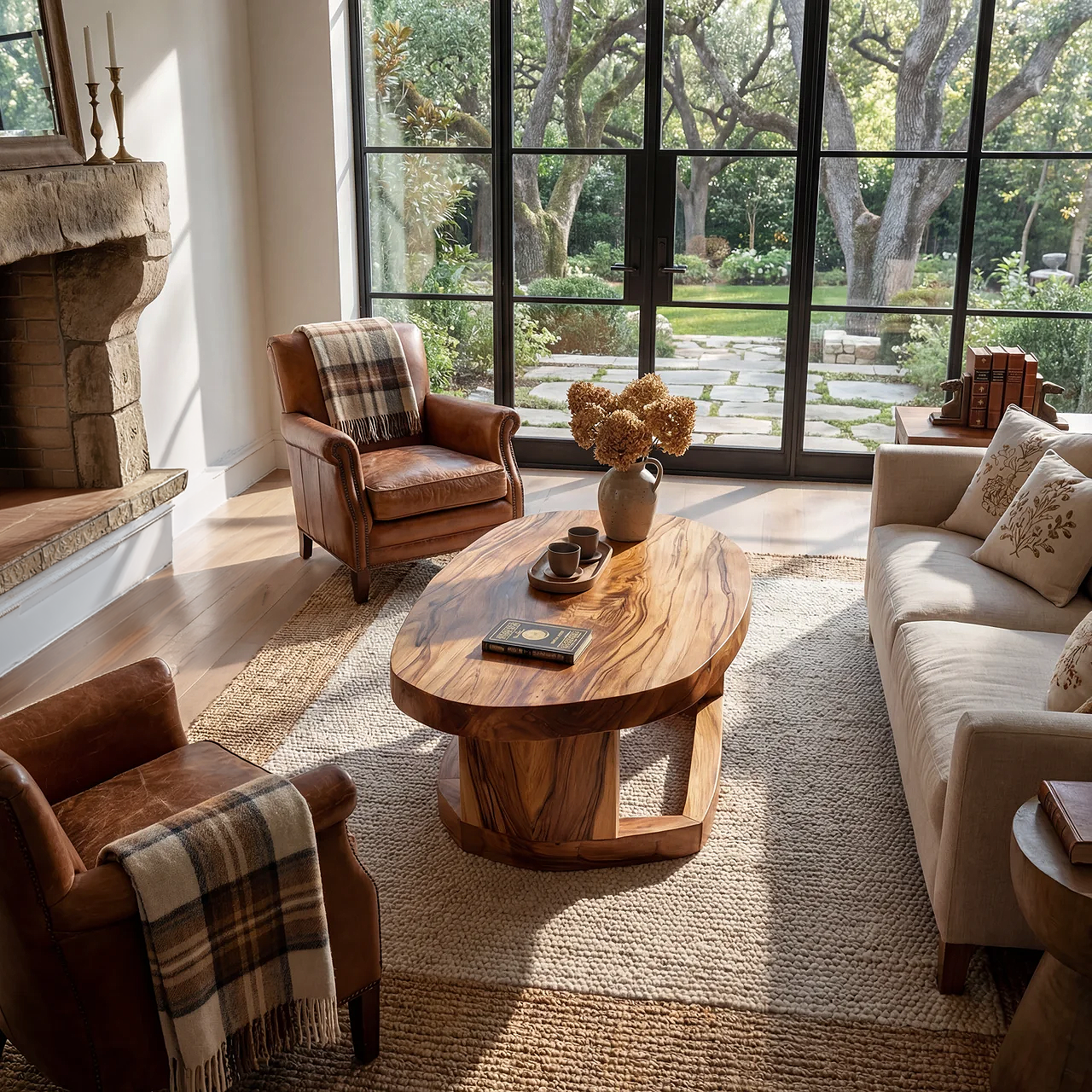 Solid Wood Oval Coffee Table handcrafted Natural Wood Living Room Table with Sculptural Base