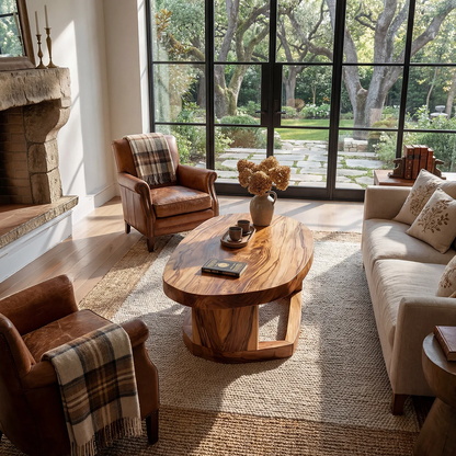 Solid Wood Oval Coffee Table handcrafted Natural Wood Living Room Table with Sculptural Base