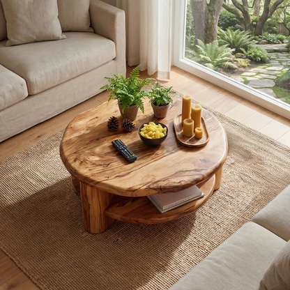 Round Solid Wood Coffee Table with Shelf Handcrafted Natural Wood Living Room Table