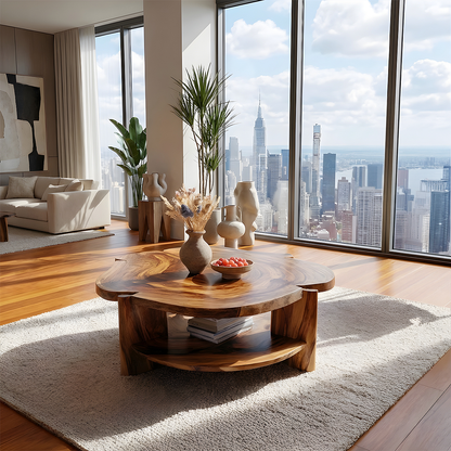 Live Edge Round Solid Wood Coffee Table Natural Wood Center Table with Shelf