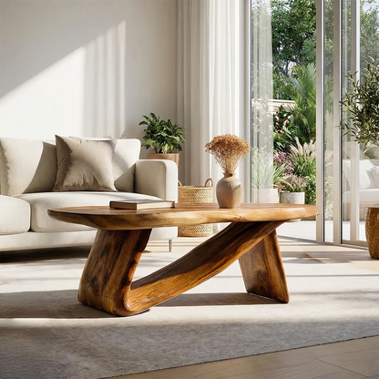 Sculptural Solid Wood Coffee Table Handcrafted Natural Wood Modern Center Table
