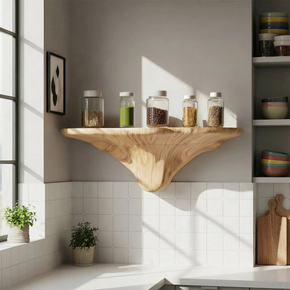Sculptural Floating Wall Shelf in Natural Wood with Organic Form