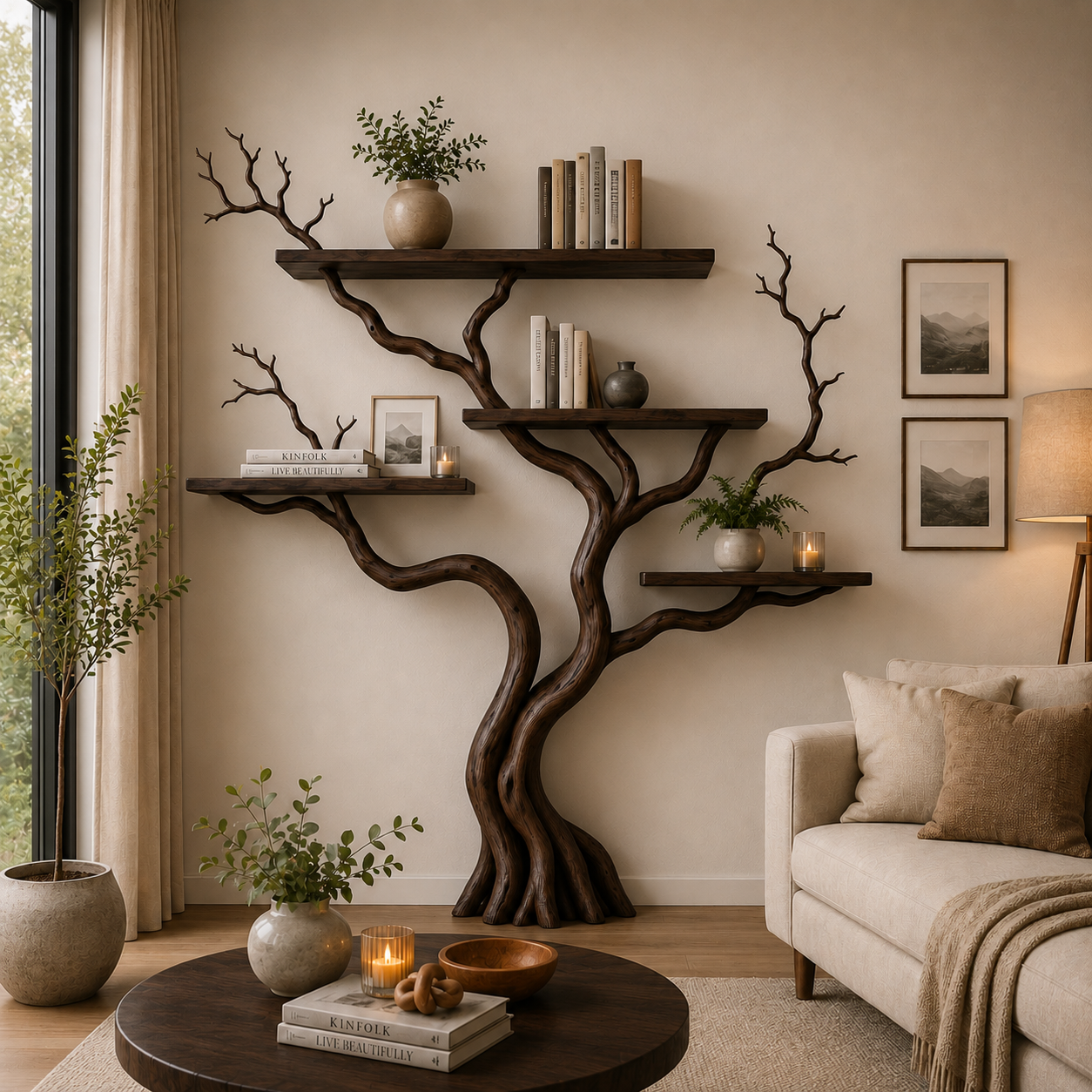 Handcrafted Solid Wood Tree Bookshelf for Modern Living Room Decor