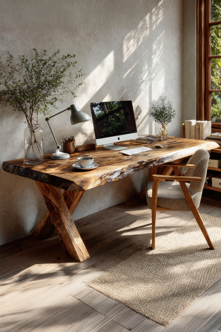 Rustic Live Edge Desk With X Legs For Home Office Kitchnce