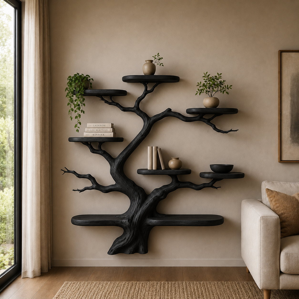 Modern Solid Wood Tree Bookshelf Floating Wall Shelf Handmade Organic Tree Bookcase