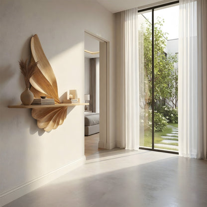 Leaf-Inspired Sculptural Floating Wall Shelf in Natural Wood