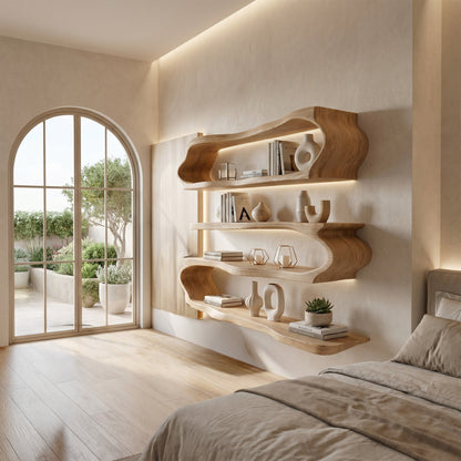 Flowing Wood Wall-Mounted Shelf With Open Display