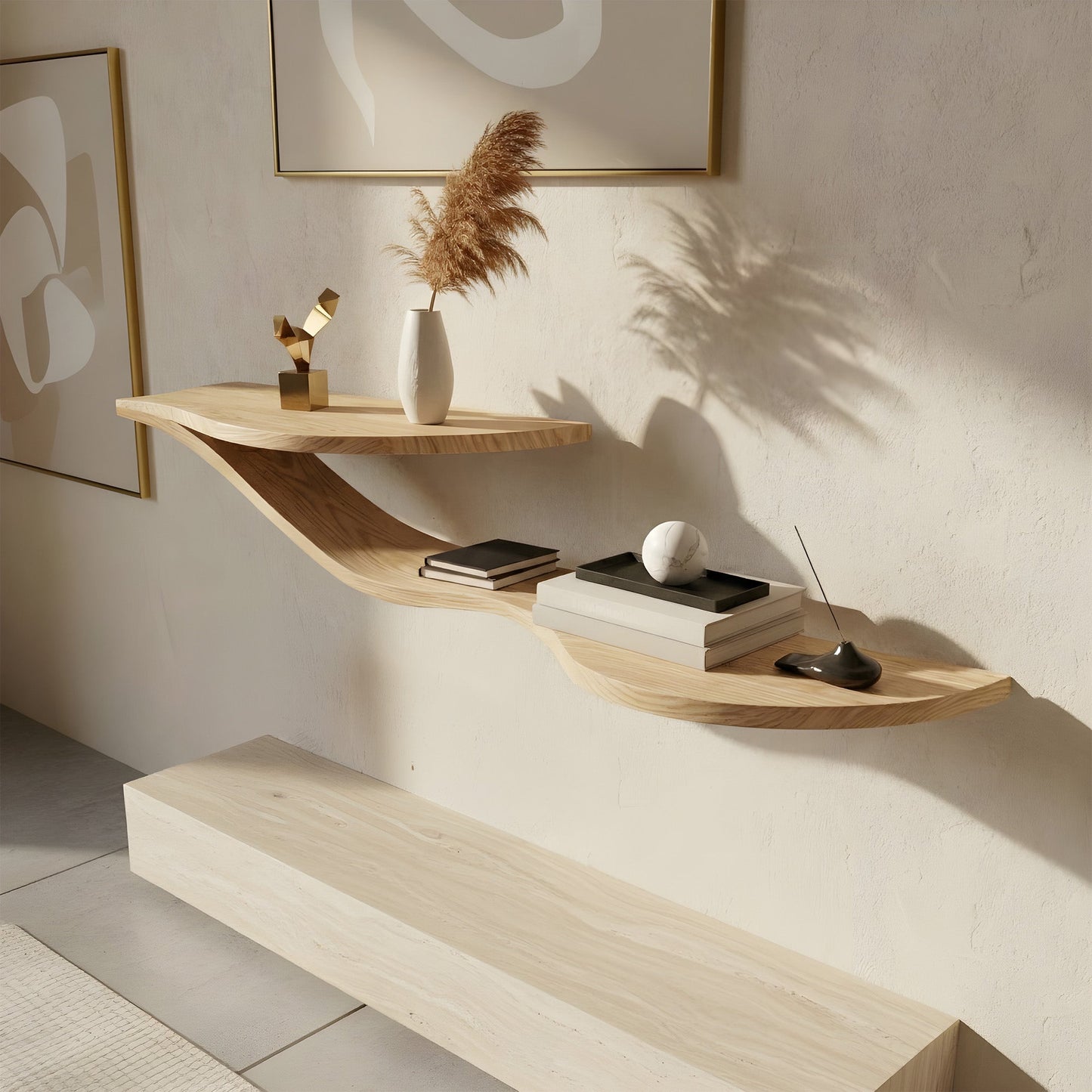 Wave-Inspired Floating Wall Shelf in Natural Wood with Dual Levels