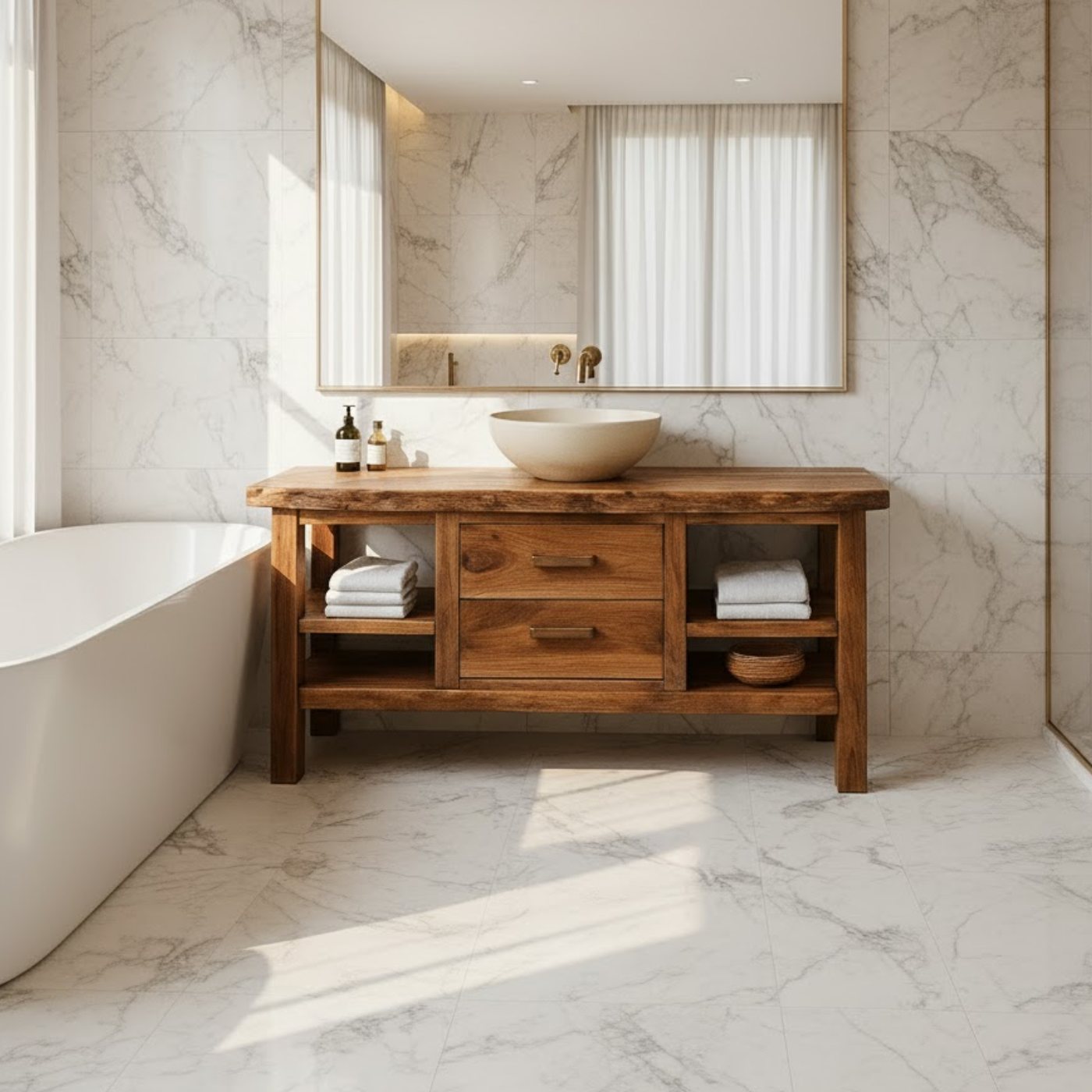 Handcrafted Solid Wood Bathroom Vanity - Live Edge Top, 2 Drawers & Open Frame Shelving Kitchnce