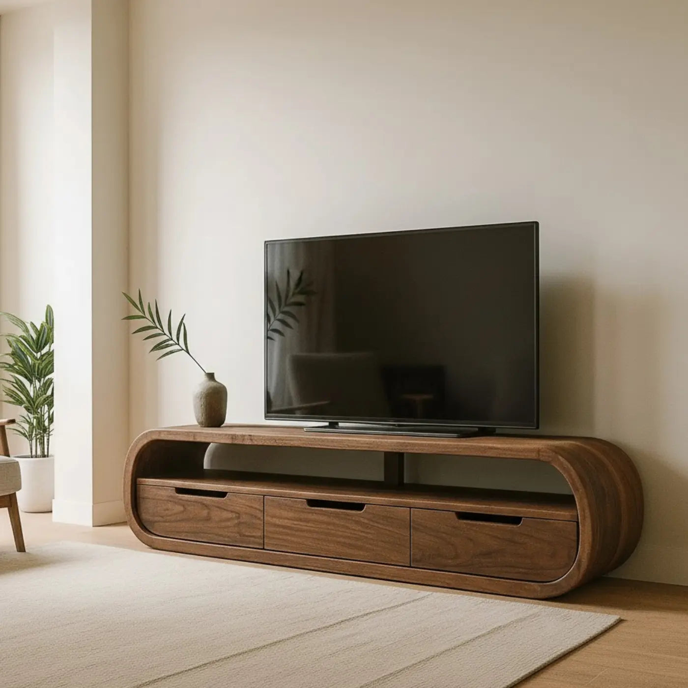 Handcrafted Solid Wood TV Stand - Modern Curved Console, Easy Assembly, 3 Drawers Kitchnce