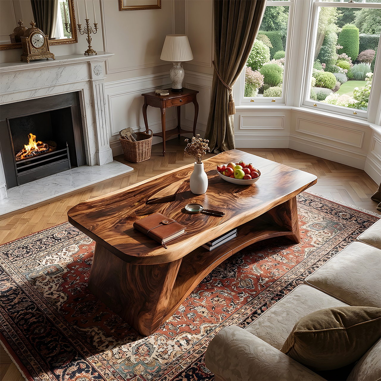 Solid Wood Coffee Table with Arched Base and Organic Edge Top