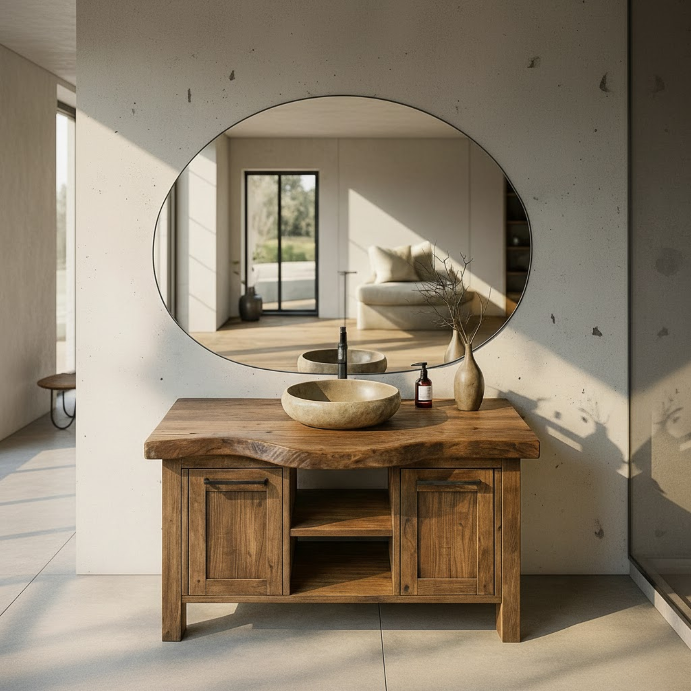 Handcrafted Solid Wood Bathroom Vanity with Live-Edge Top and Dual Side Cabinets Kitchnce