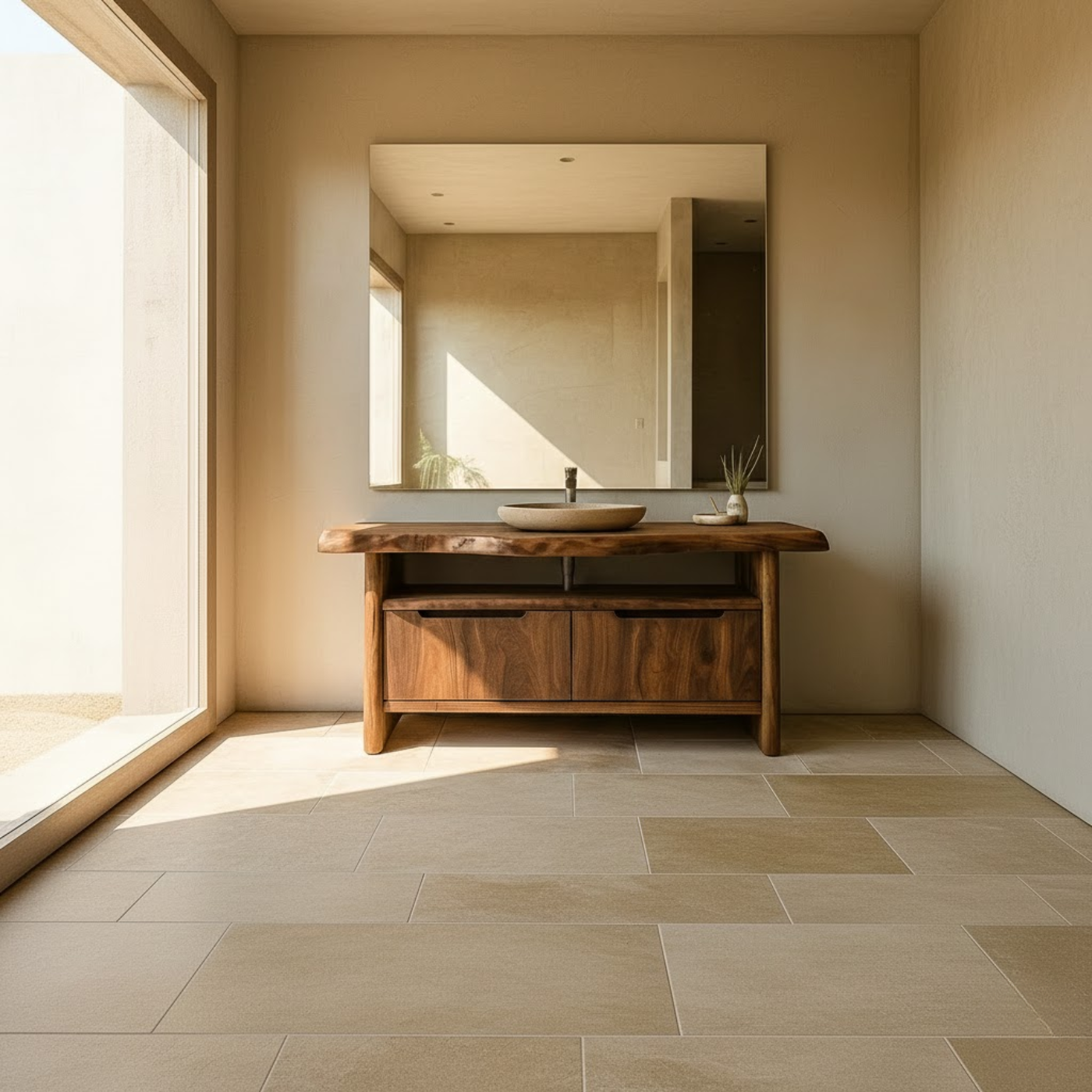 Handcrafted Solid Wood Bathroom Vanity with Live-Edge Walnut Top & Soft-Close Doors Kitchnce