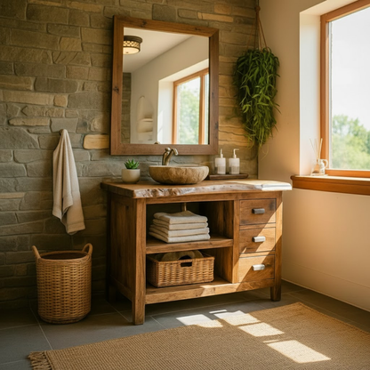 Handcrafted Solid Wood Bathroom Vanity with Live-Edge Top and Spacious Open Storage Kitchnce
