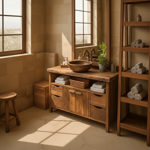 Rustic Solid Wood Bathroom Vanity Cabinet with Multi-Drawer Storage and Open Shelf