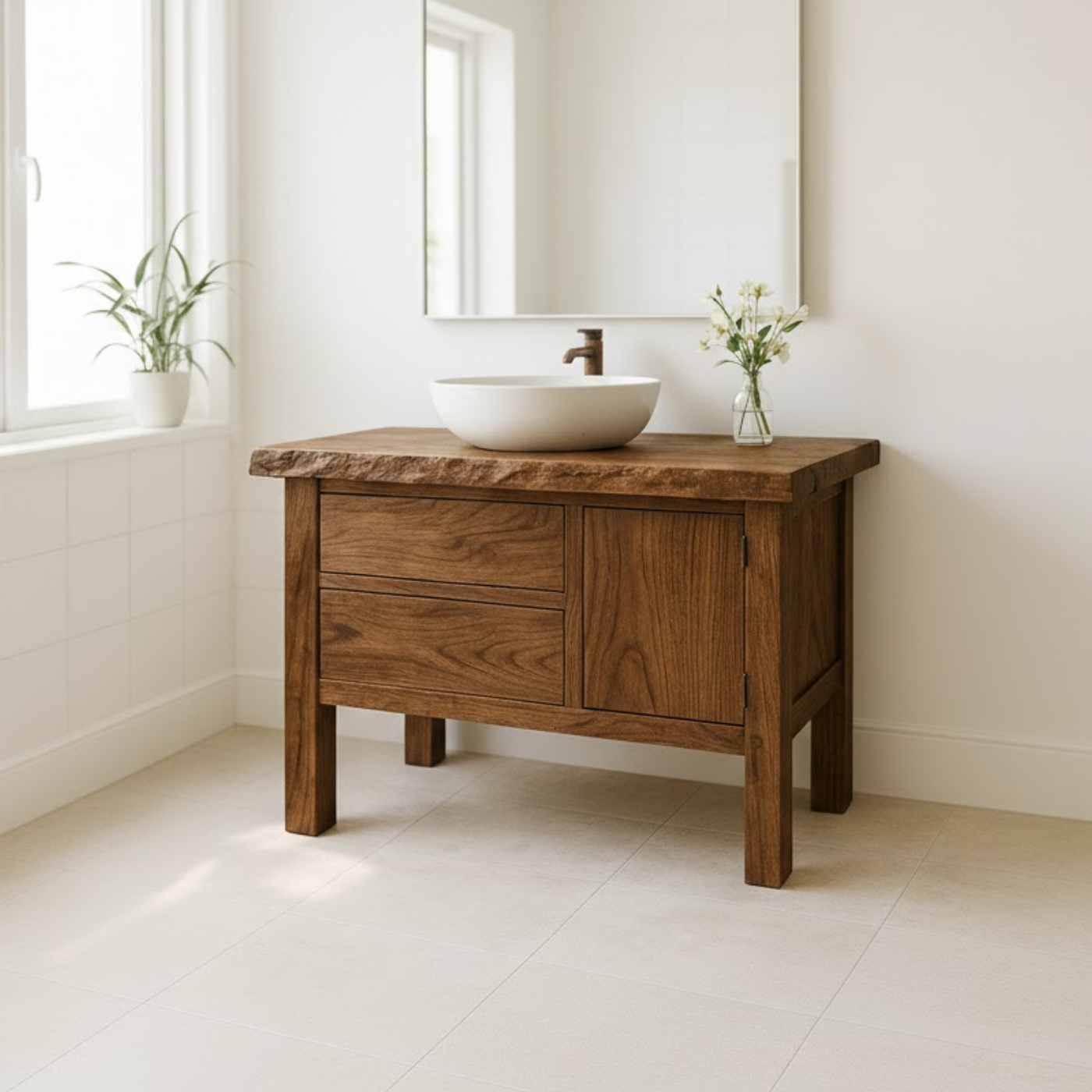 Handcrafted Solid Wood Bathroom Vanity - Live Edge Top, 2 Drawers & Single Door Cabinet Kitchnce
