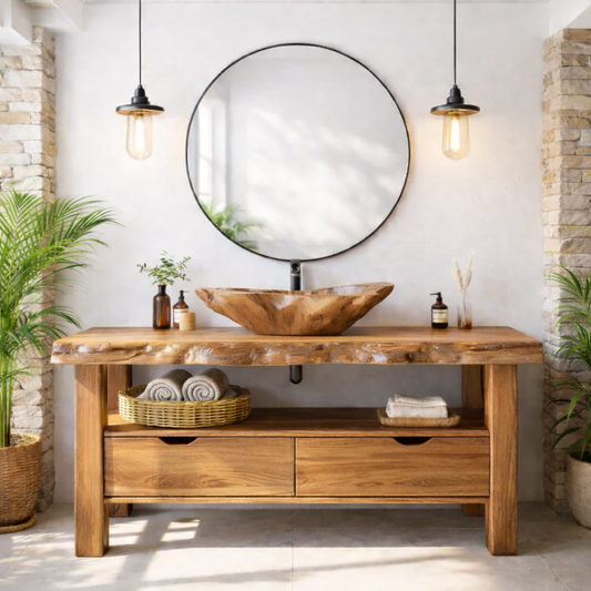 Solid Wood Bathroom Vanity with Live Edge Countertop and Open Shelf – Rustic Modern Bathroom Cabinet Kitchnce