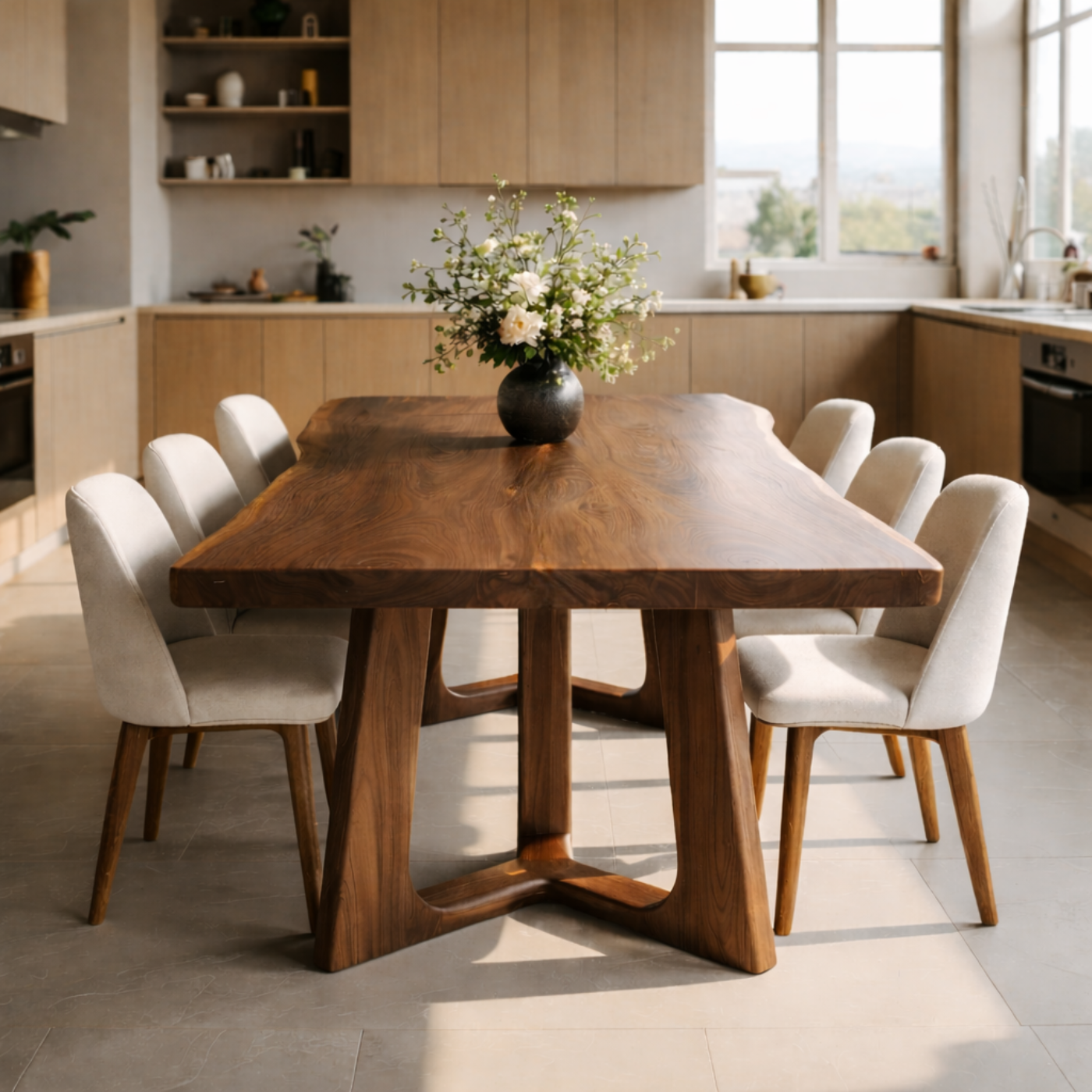Organic Solid Wood Dining Table with Sculptural Pedestal Base