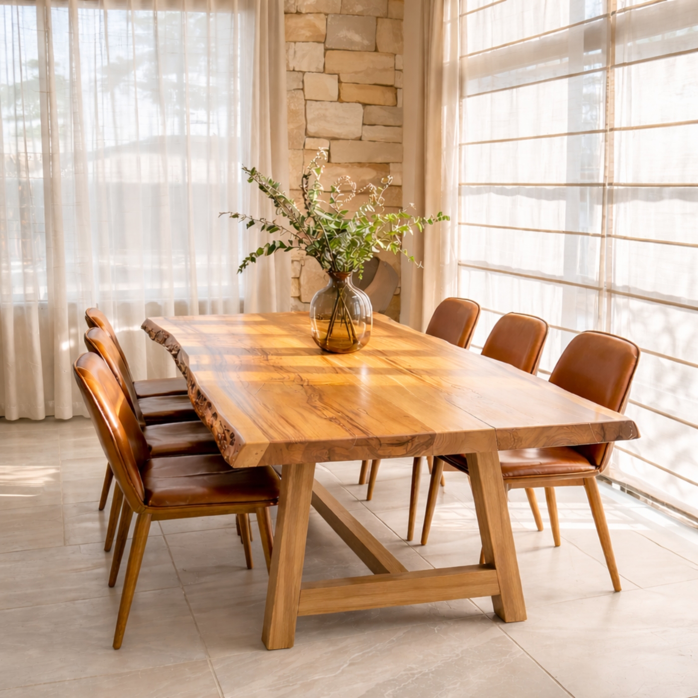 Live Edge Solid Wood Dining Table for Dining Room with Wooden Base