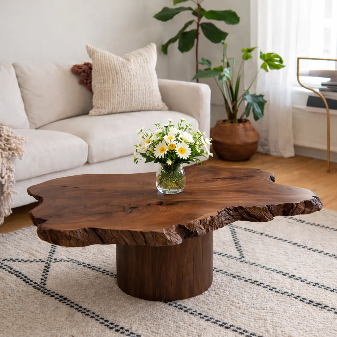 Live Edge Solid Wood Coffee Table for Living Room with Pedestal Base Kitchnce
