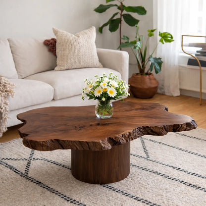 Live Edge Solid Wood Coffee Table for Living Room with Pedestal Base Kitchnce