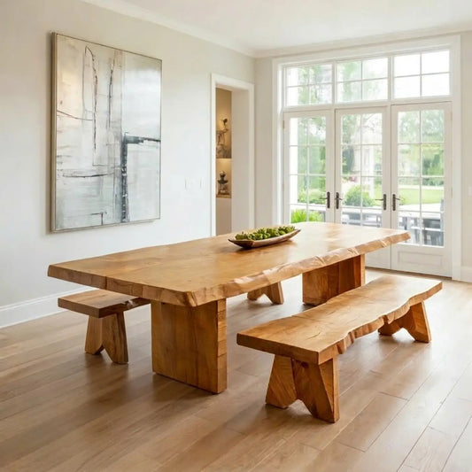 Live Edge Solid Wood Dining Table for Dining Room with Block Base Kitchnce