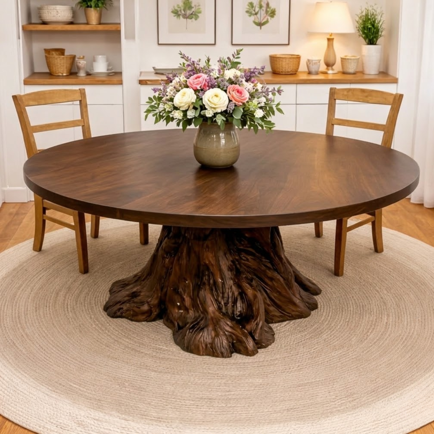 Round Solid Wood Dining Table with Natural Tree Stump Pedestal Base