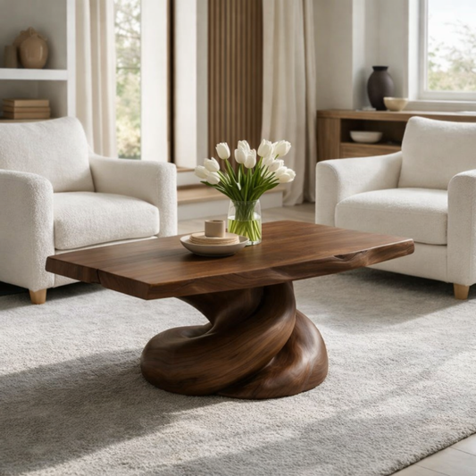 Solid Wood Coffee Table with Live Edge Top and Organic Sculptural Base