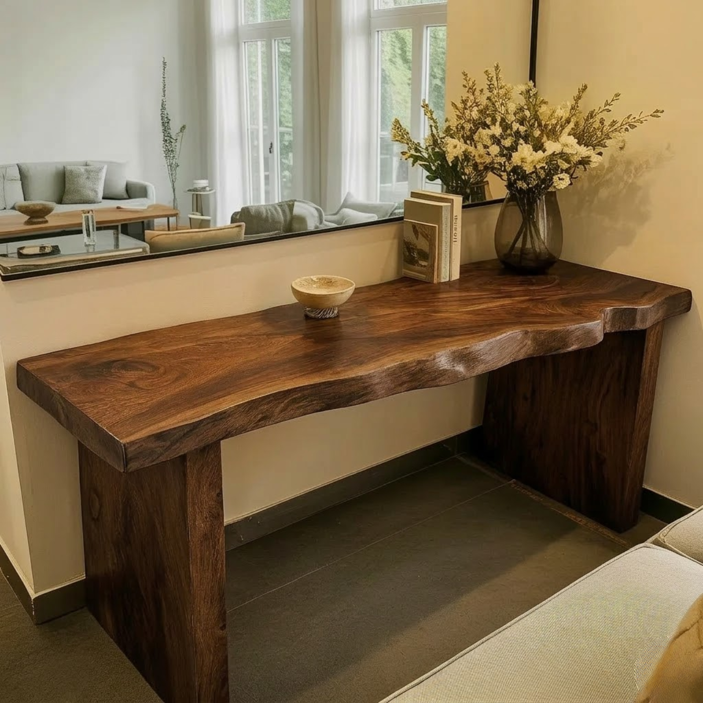 Solid Wood Console Table with Live Edge Top and Simple Block Base
