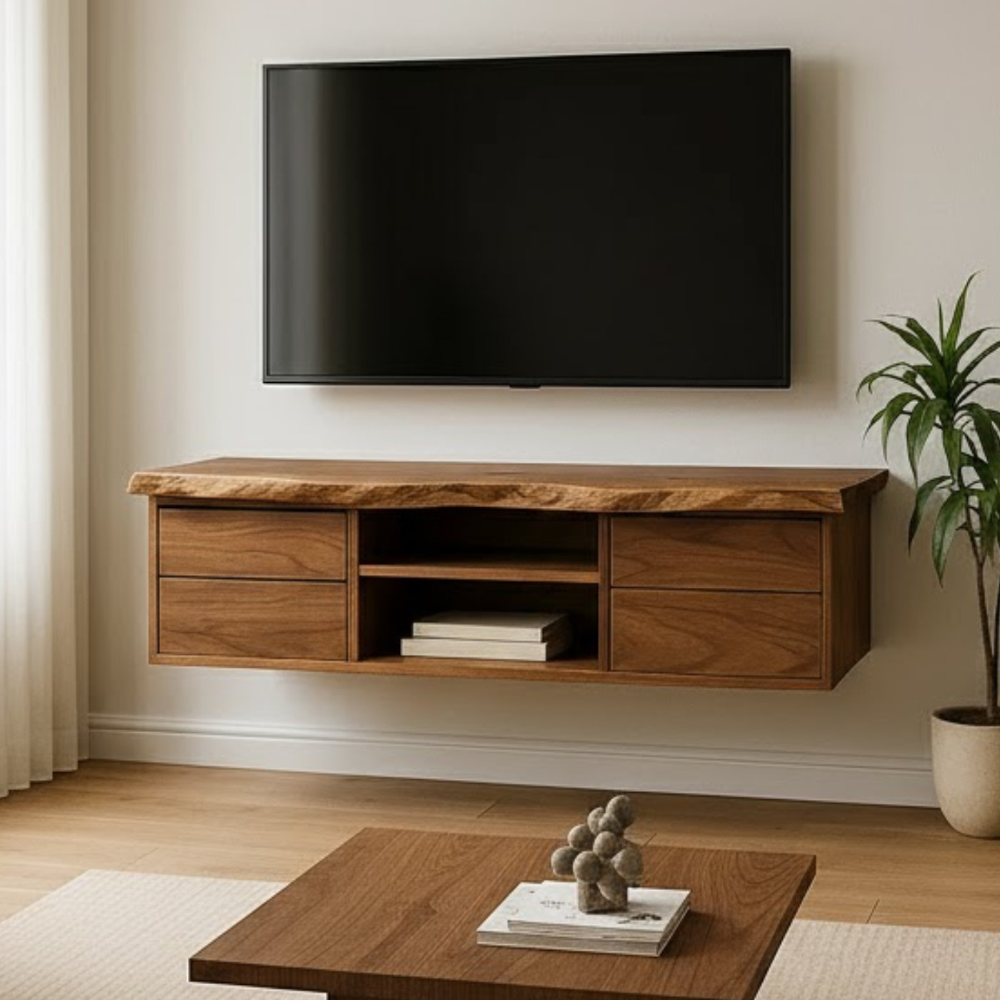 Handcrafted Solid Wood Floating TV - Live Edge Walnut, 4 Drawers & Open Shelf Kitchnce