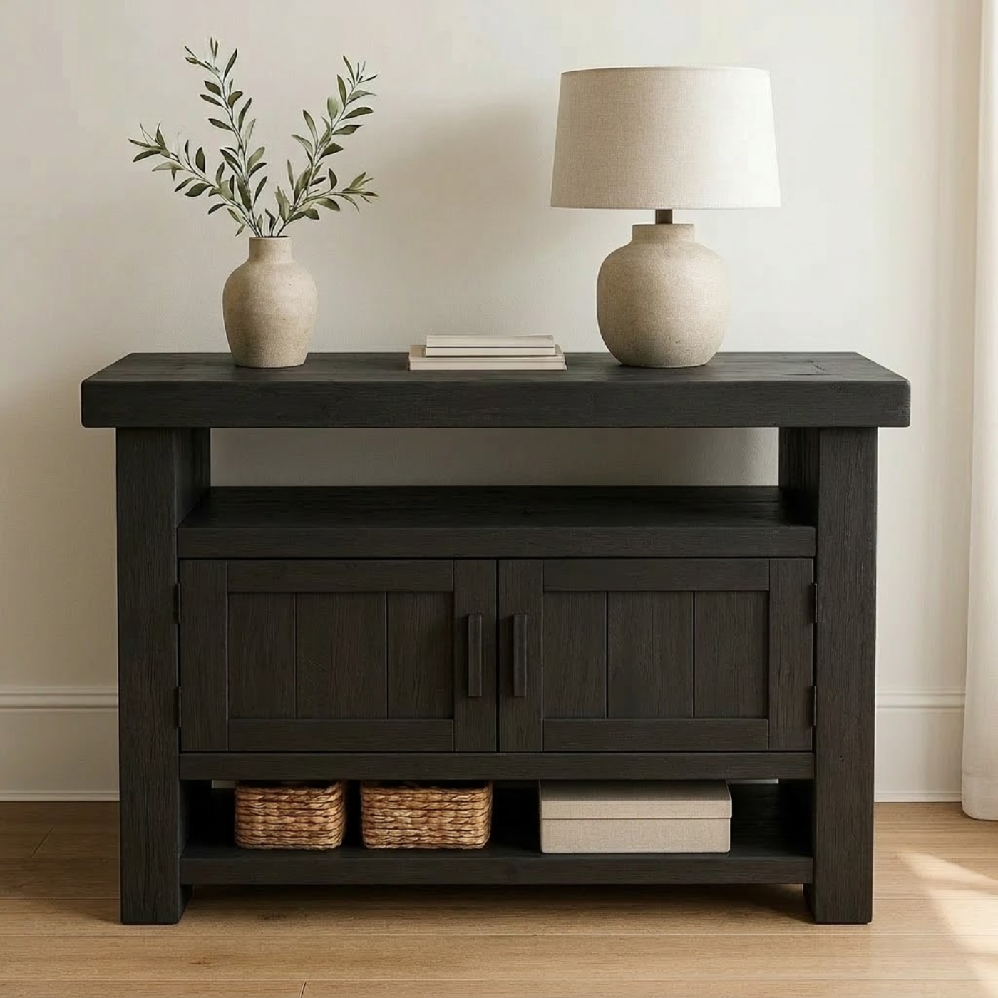 Solid Wood Console Table with Storage and Open Shelf