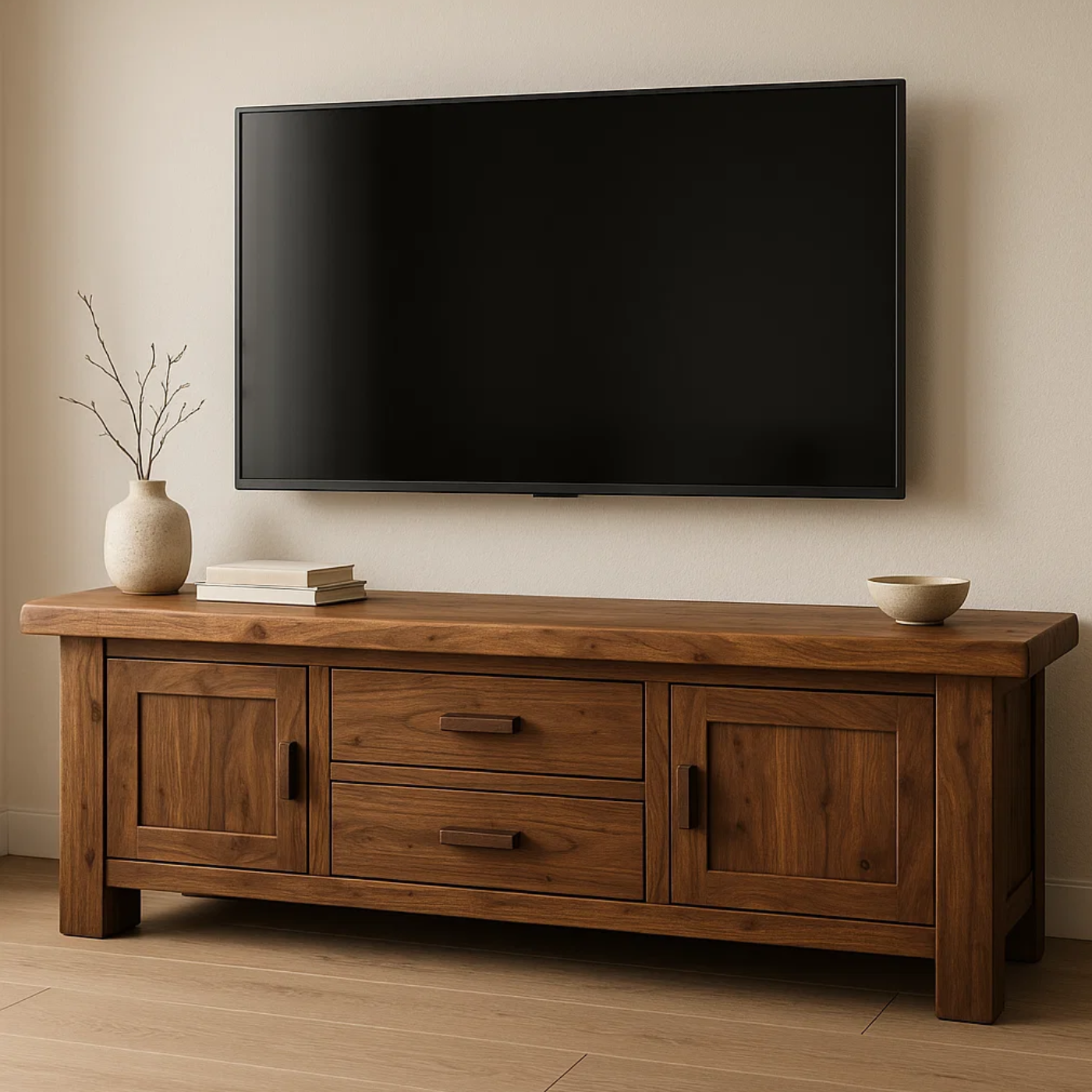 Solid Wood TV Stand with Drawers and Cabinets – Rustic Modern Media Console