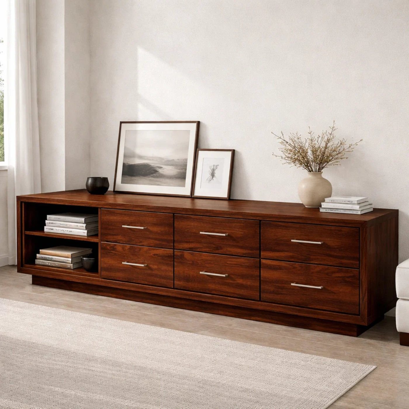 Solid Wood Modern TV Stand with Drawers and Open Shelf Storage