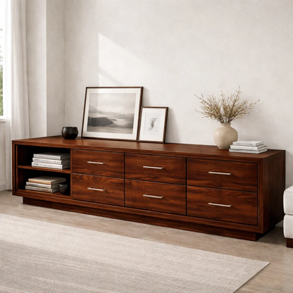 Solid Wood Modern TV Stand with Drawers and Open Shelf Storage